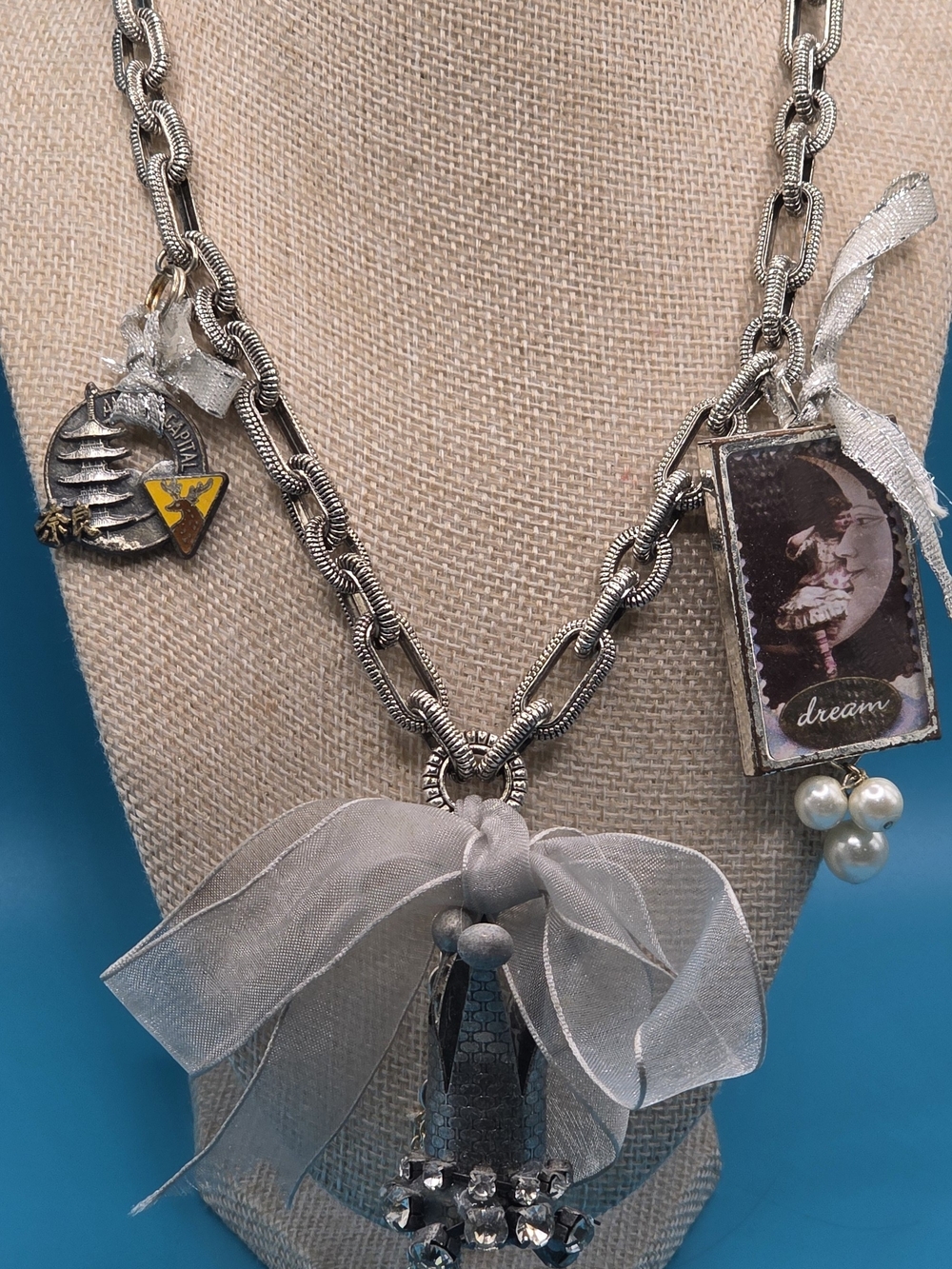 Silver-Tone Charm Necklace with Sheer Gray Bow and Pearl Drops